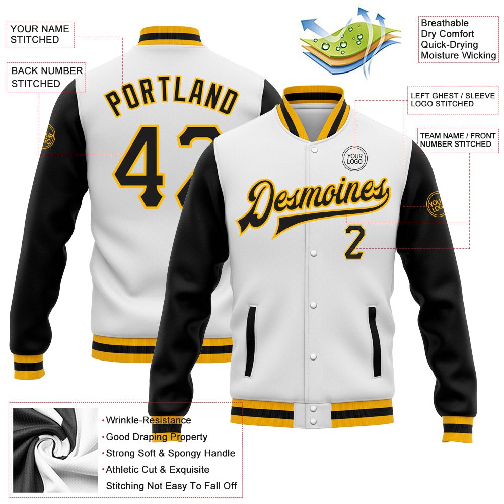 Custom White Black-Gold Bomber Full-Snap Varsity Letterman Two Tone Jacket photo 5