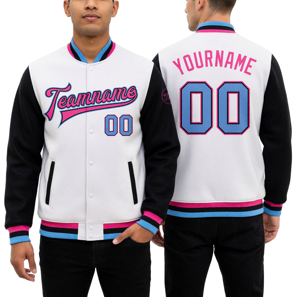 Custom White Light Blue Black-Pink Bomber Full-Snap Varsity Letterman Two Tone Jacket worn front and back