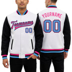 Custom White Light Blue Black-Pink Bomber Full-Snap Varsity Letterman Two Tone Jacket worn front and back