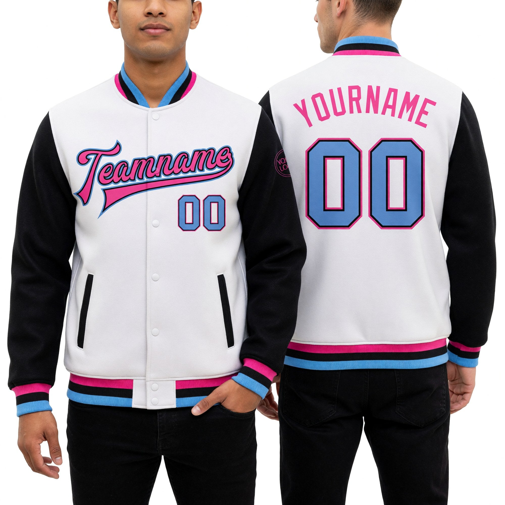 Custom White Light Blue Black-Pink Bomber Full-Snap Varsity Letterman Two Tone Jacket worn front and back