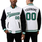 Custom White Kelly Green-Black Bomber Full-Snap Varsity Letterman Two Tone Jacket worn front and back