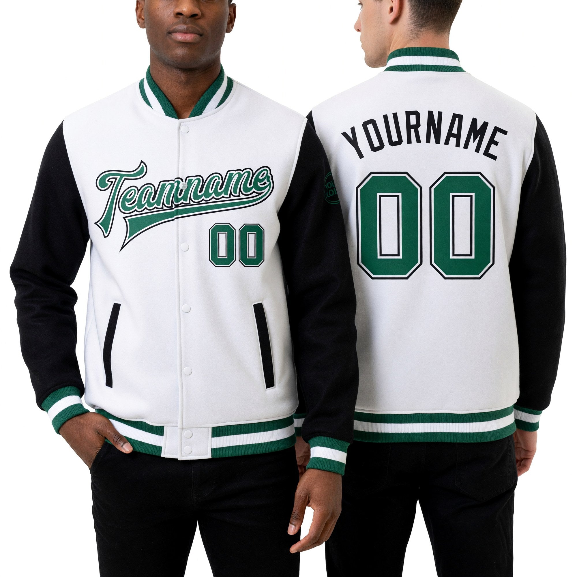 Custom White Kelly Green-Black Bomber Full-Snap Varsity Letterman Two Tone Jacket worn front and back