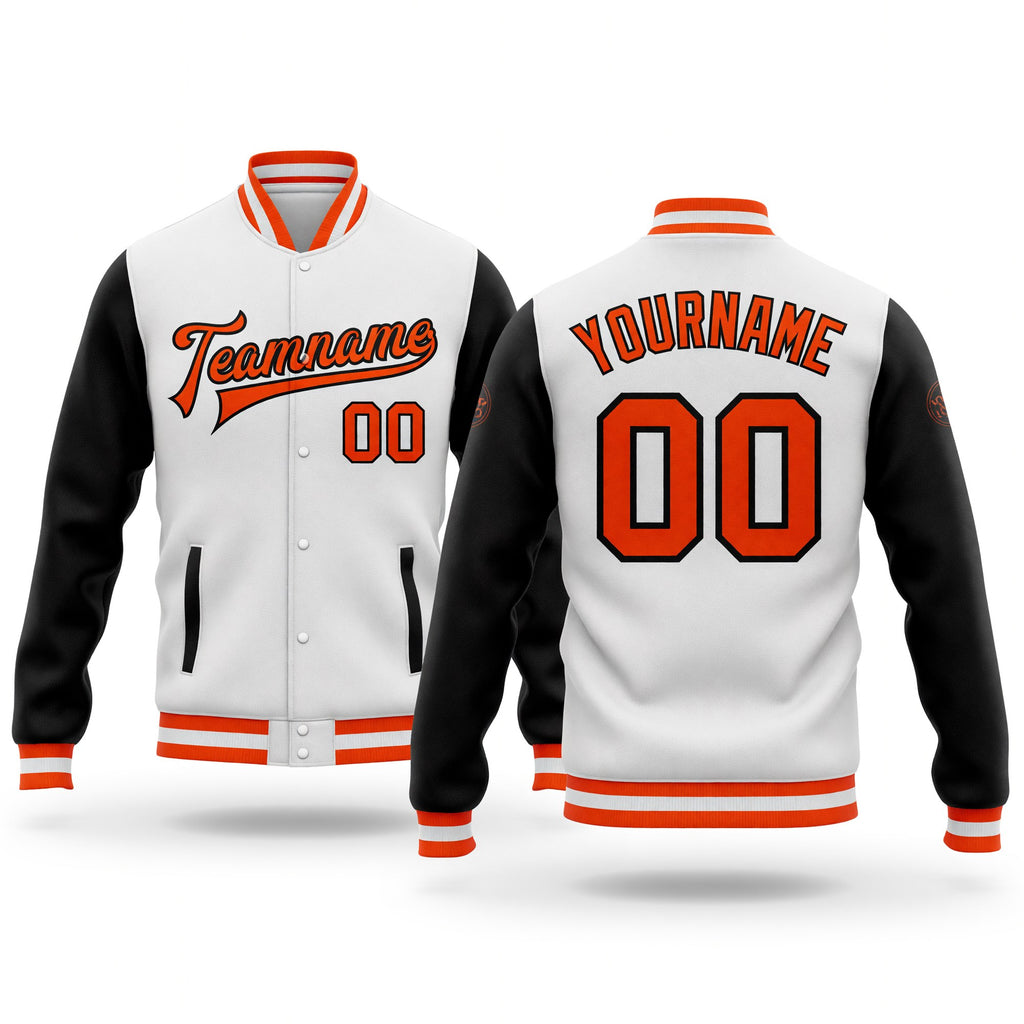 Custom White Orange-Black Bomber Full-Snap Varsity Letterman Two Tone Jacket