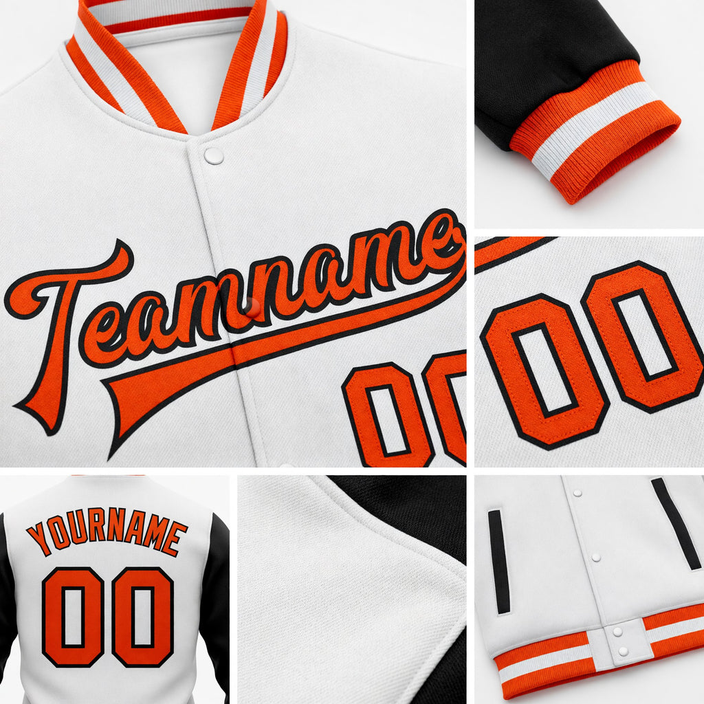 Custom White Orange-Black Bomber Full-Snap Varsity Letterman Two Tone Jacket detail