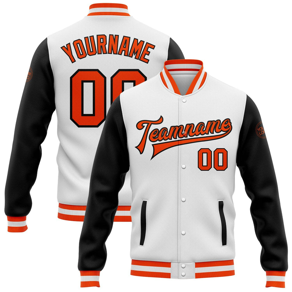 Custom White Orange-Black Bomber Full-Snap Varsity Letterman Two Tone Jacket photo 1