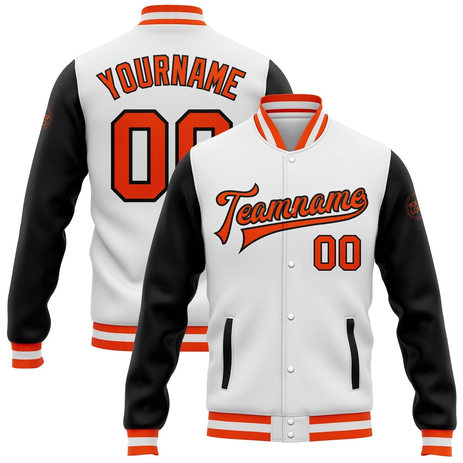 Custom White Orange-Black Bomber Full-Snap Varsity Letterman Two Tone Jacket photo 1