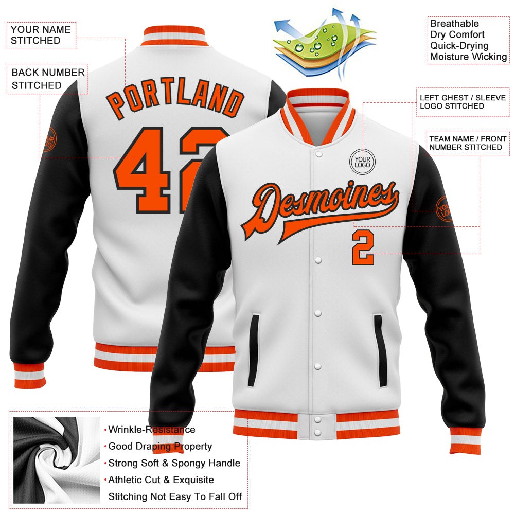 Custom White Orange-Black Bomber Full-Snap Varsity Letterman Two Tone Jacket photo 5