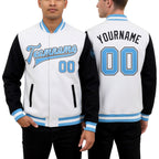 Custom White Light Blue-Black Bomber Full-Snap Varsity Letterman Two Tone Jacket worn front and back