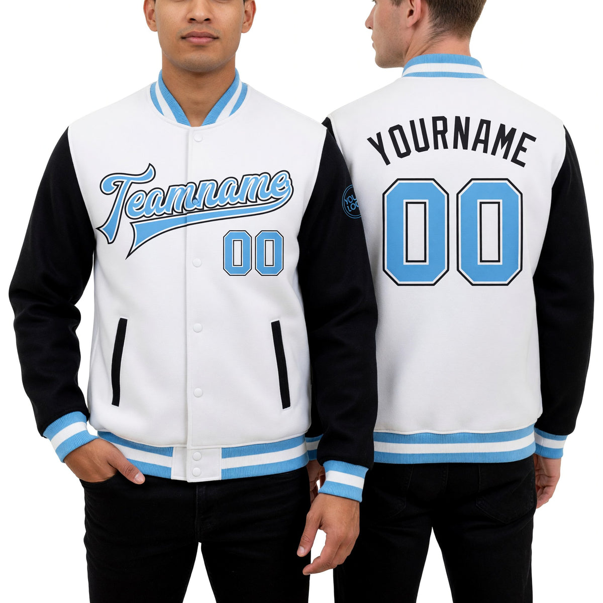 Custom White Light Blue-Black Bomber Full-Snap Varsity Letterman Two Tone Jacket worn front and back