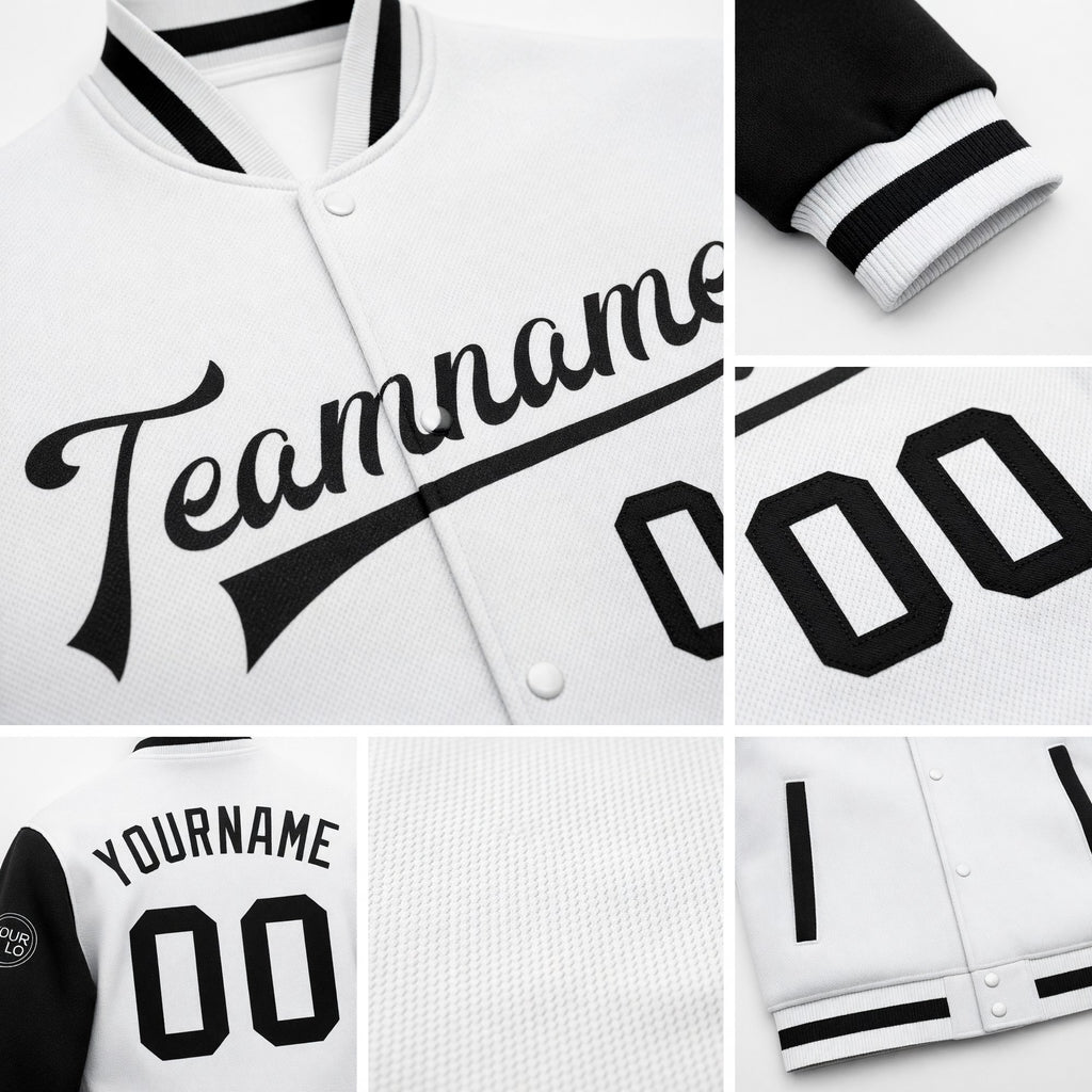 Custom White Black Bomber Full-Snap Varsity Letterman Two Tone Jacket detail
