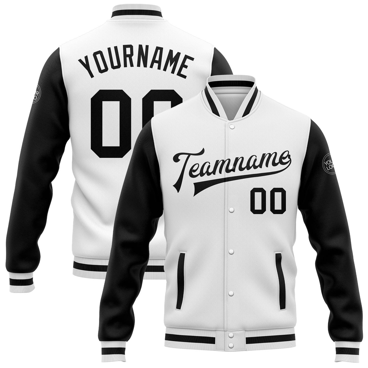 Custom White Black Bomber Full-Snap Varsity Letterman Two Tone Jacket photo 1