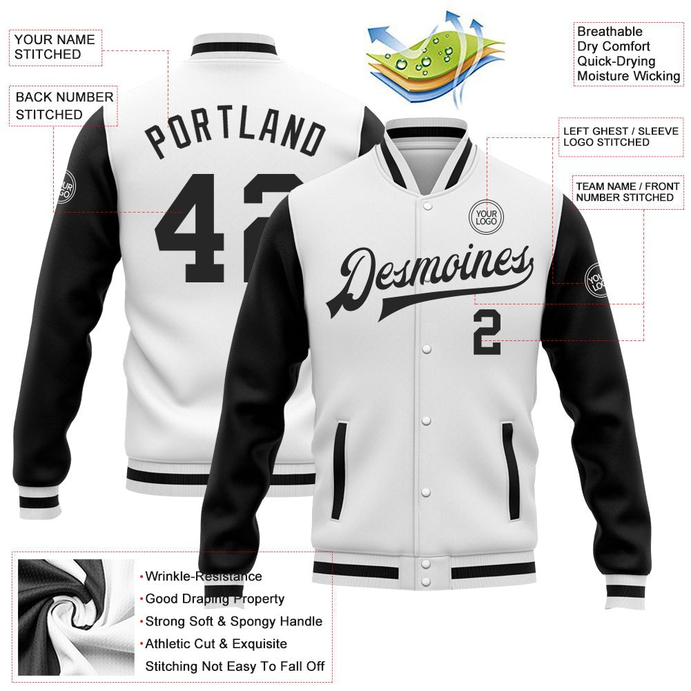 Custom White Black Bomber Full-Snap Varsity Letterman Two Tone Jacket photo 5