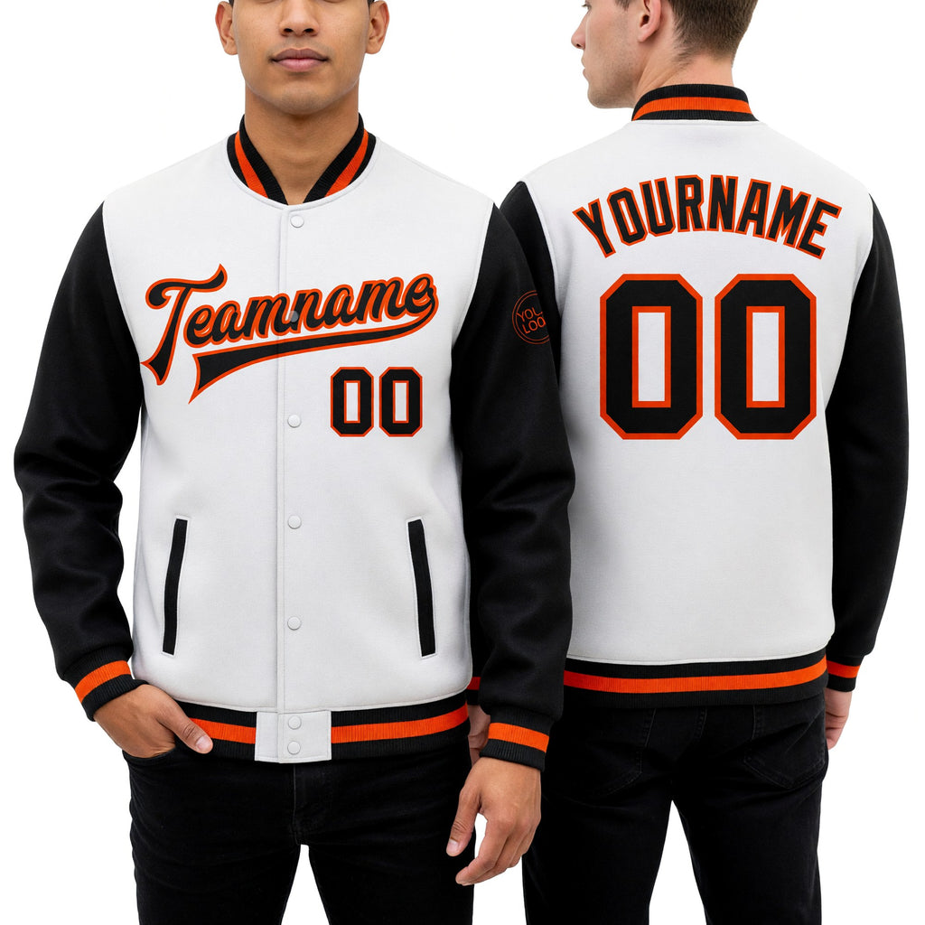 Custom White Black-Orange Bomber Full-Snap Varsity Letterman Two Tone Jacket worn front and back