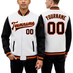 Custom White Black-Orange Bomber Full-Snap Varsity Letterman Two Tone Jacket worn front and back