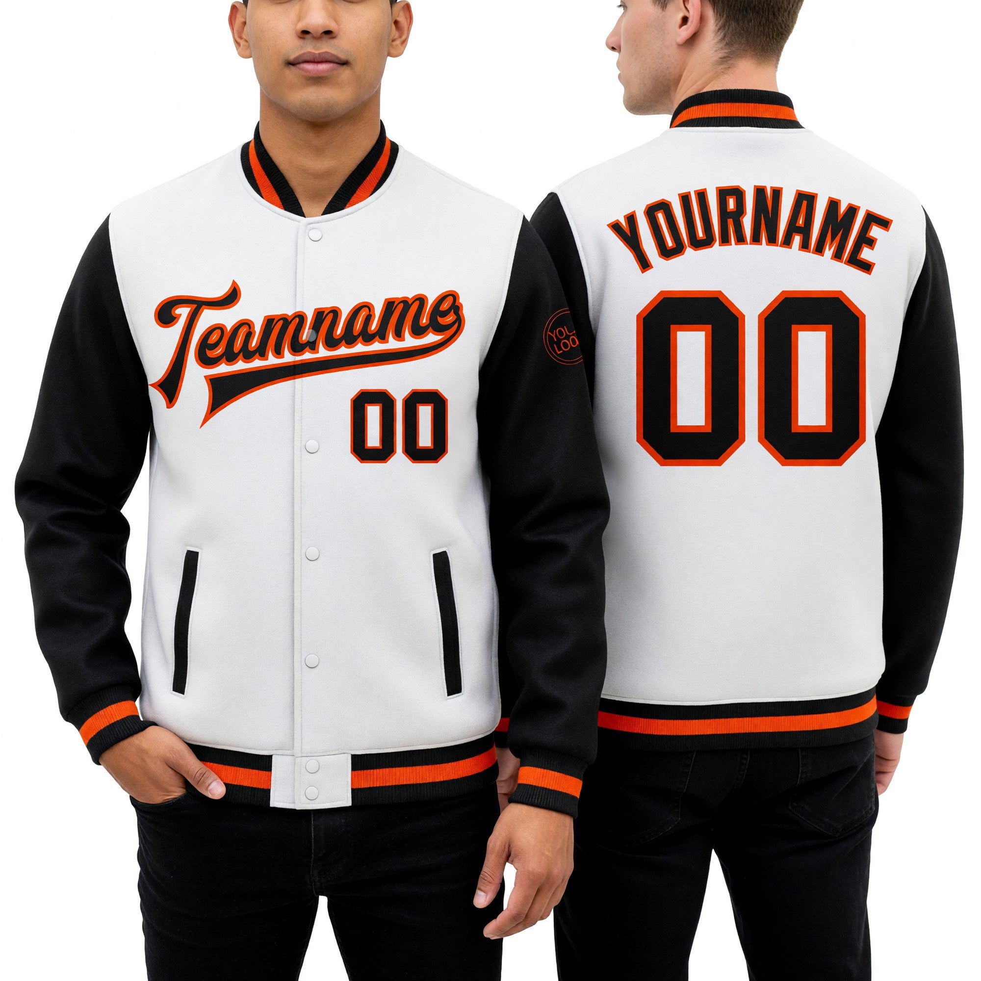 Custom White Black-Orange Bomber Full-Snap Varsity Letterman Two Tone Jacket worn front and back