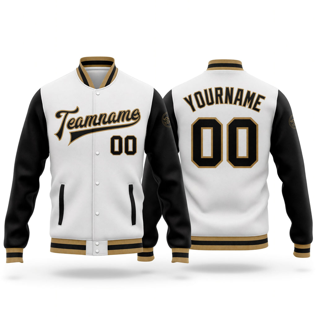 Custom White Black-Old Gold Bomber Full-Snap Varsity Letterman Two Tone Jacket