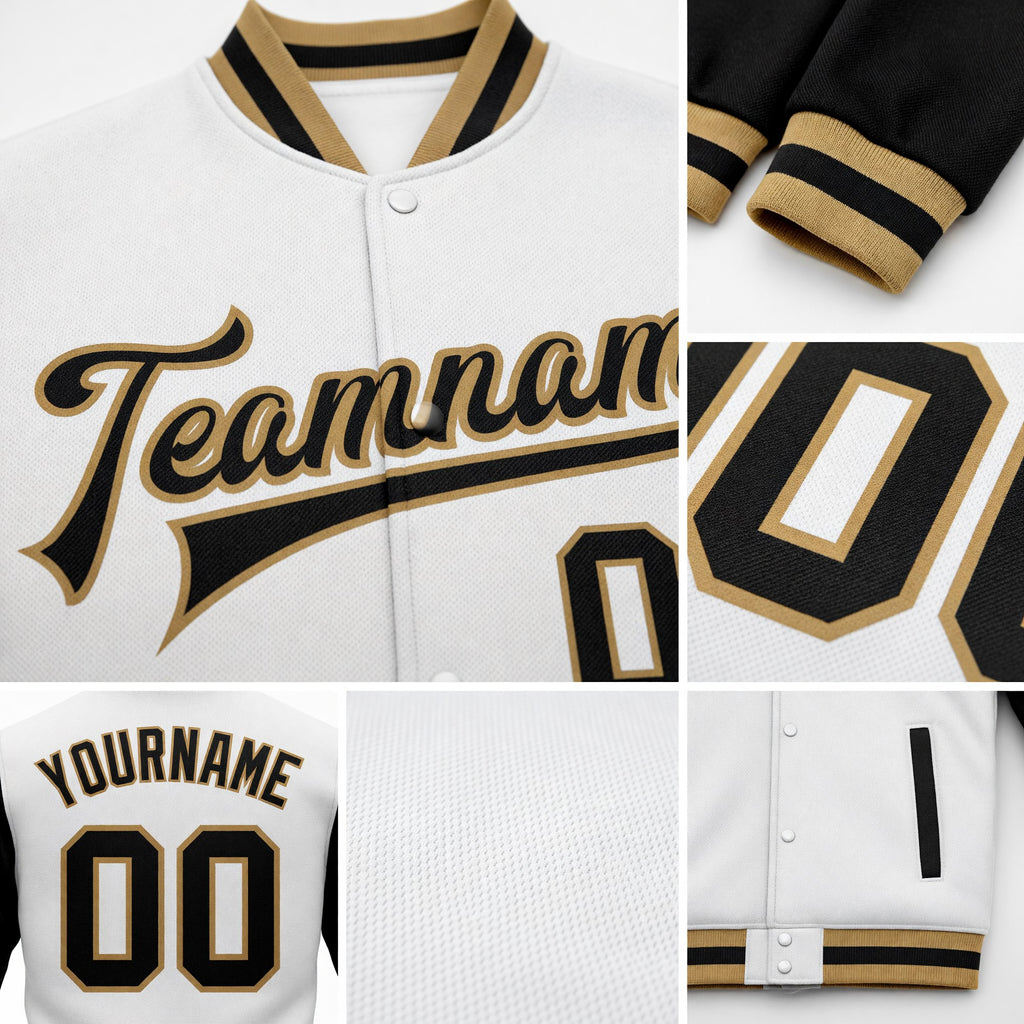 Custom White Black-Old Gold Bomber Full-Snap Varsity Letterman Two Tone Jacket detail