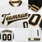 Custom White Black-Old Gold Bomber Full-Snap Varsity Letterman Two Tone Jacket detail