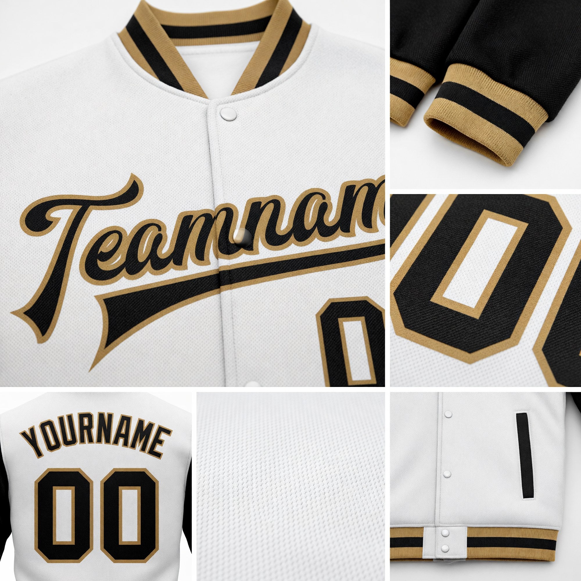 Custom White Black-Old Gold Bomber Full-Snap Varsity Letterman Two Tone Jacket detail