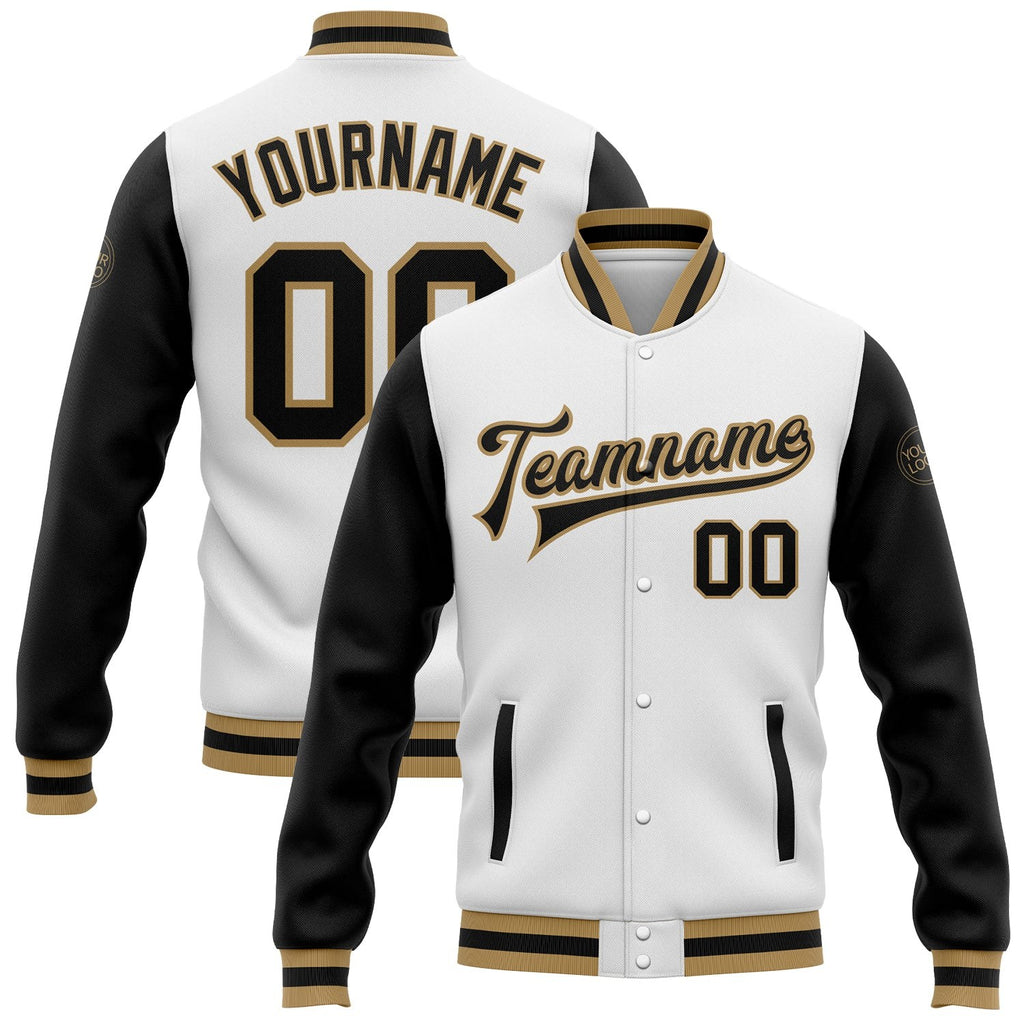 Custom White Black-Old Gold Bomber Full-Snap Varsity Letterman Two Tone Jacket photo 1