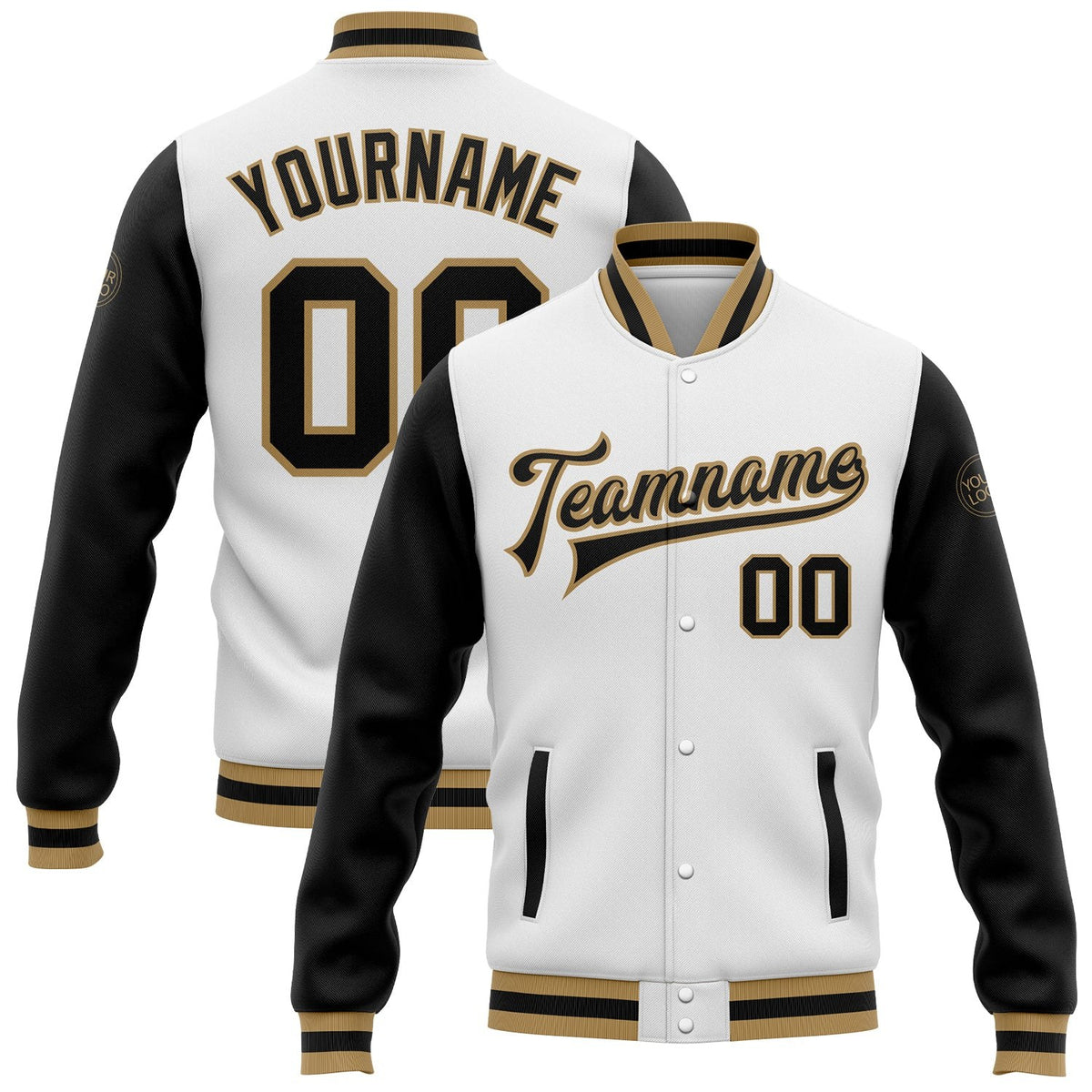 Custom White Black-Old Gold Bomber Full-Snap Varsity Letterman Two Tone Jacket photo 1