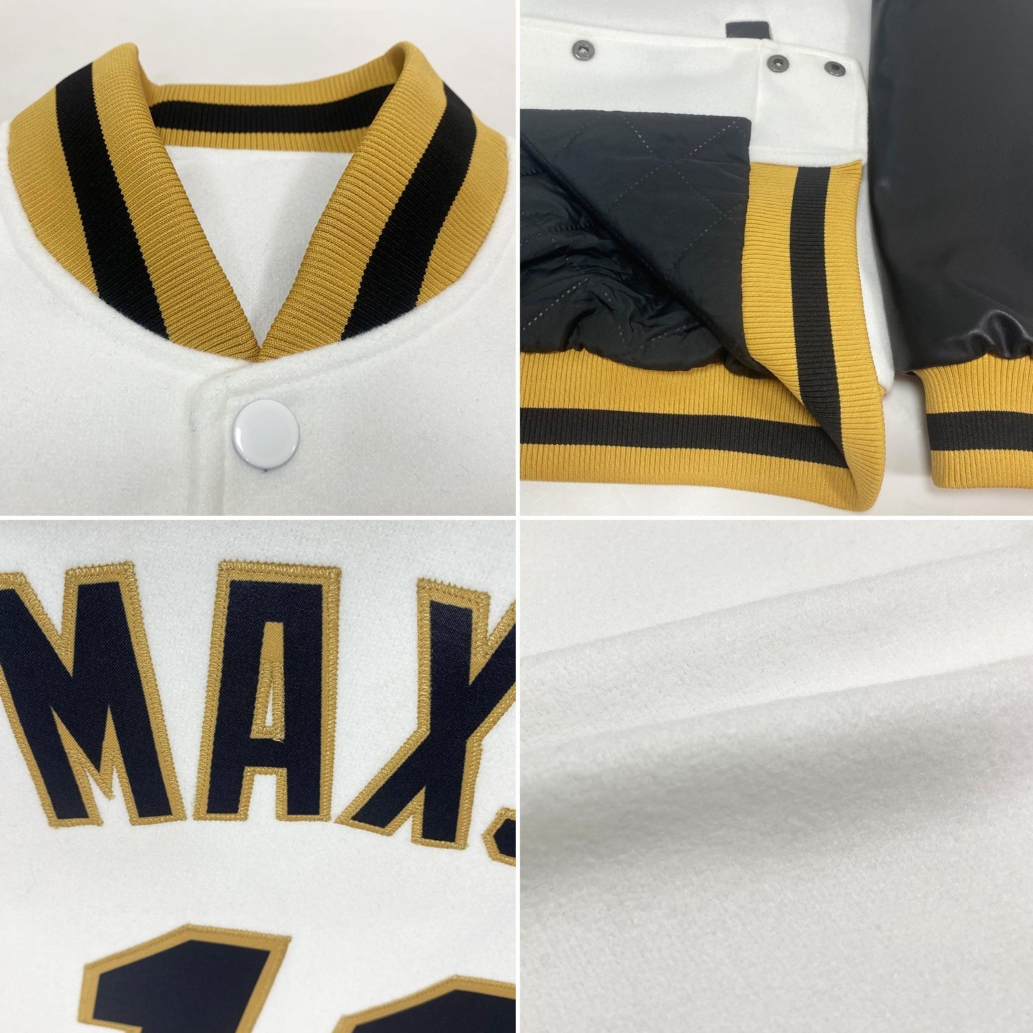 Custom White Black-Old Gold Bomber Full-Snap Varsity Letterman Two Tone Jacket photo 4