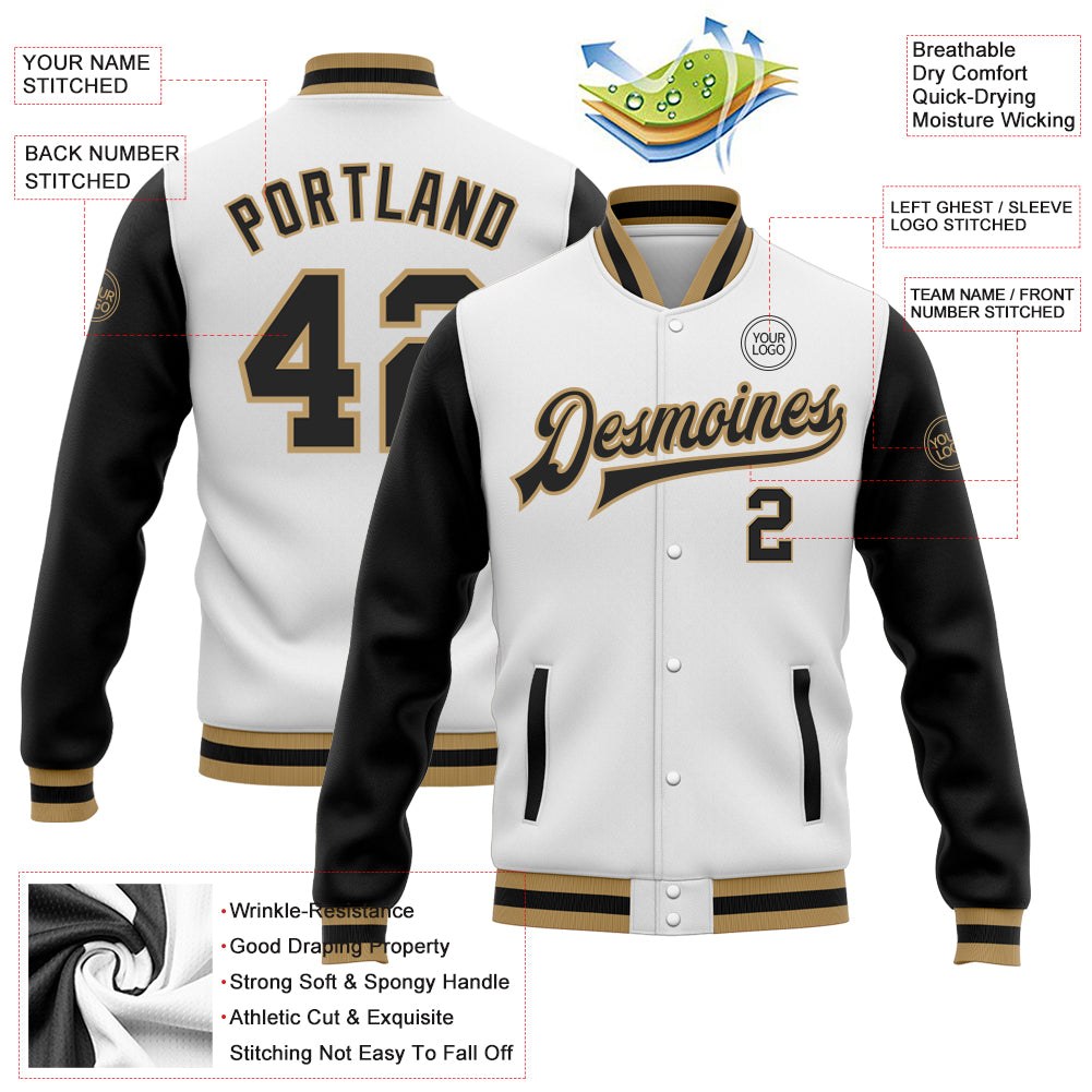 Custom White Black-Old Gold Bomber Full-Snap Varsity Letterman Two Tone Jacket photo 5
