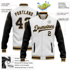 Custom White Black-Old Gold Bomber Full-Snap Varsity Letterman Two Tone Jacket photo 5