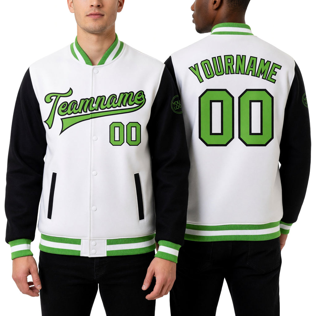 Custom White Neon Green-Black Bomber Full-Snap Varsity Letterman Two Tone Jacket worn front and back