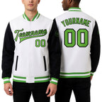 Custom White Neon Green-Black Bomber Full-Snap Varsity Letterman Two Tone Jacket worn front and back