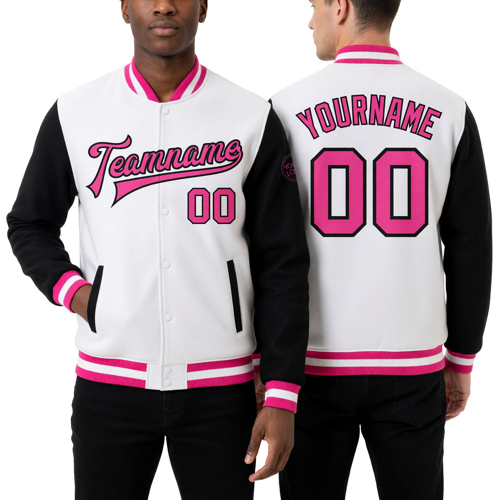 Custom White Pink-Black Bomber Full-Snap Varsity Letterman Two Tone Jacket worn front and back