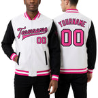 Custom White Pink-Black Bomber Full-Snap Varsity Letterman Two Tone Jacket worn front and back