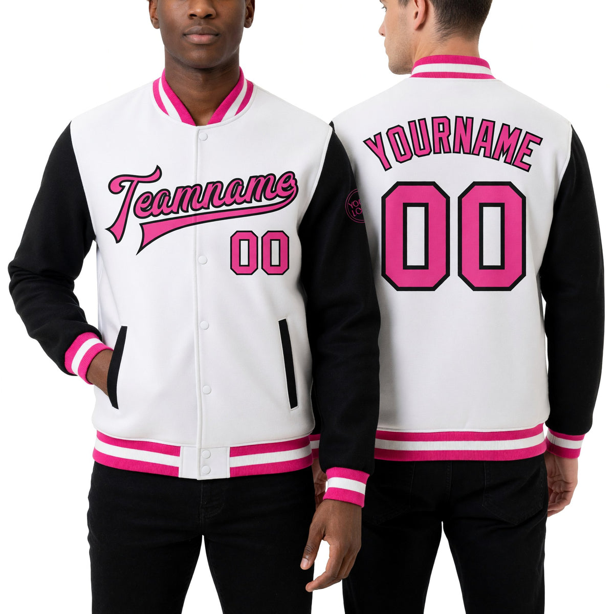 Custom White Pink-Black Bomber Full-Snap Varsity Letterman Two Tone Jacket worn front and back