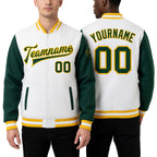 Custom White Green-Gold Bomber Full-Snap Varsity Letterman Two Tone Jacket worn front and back