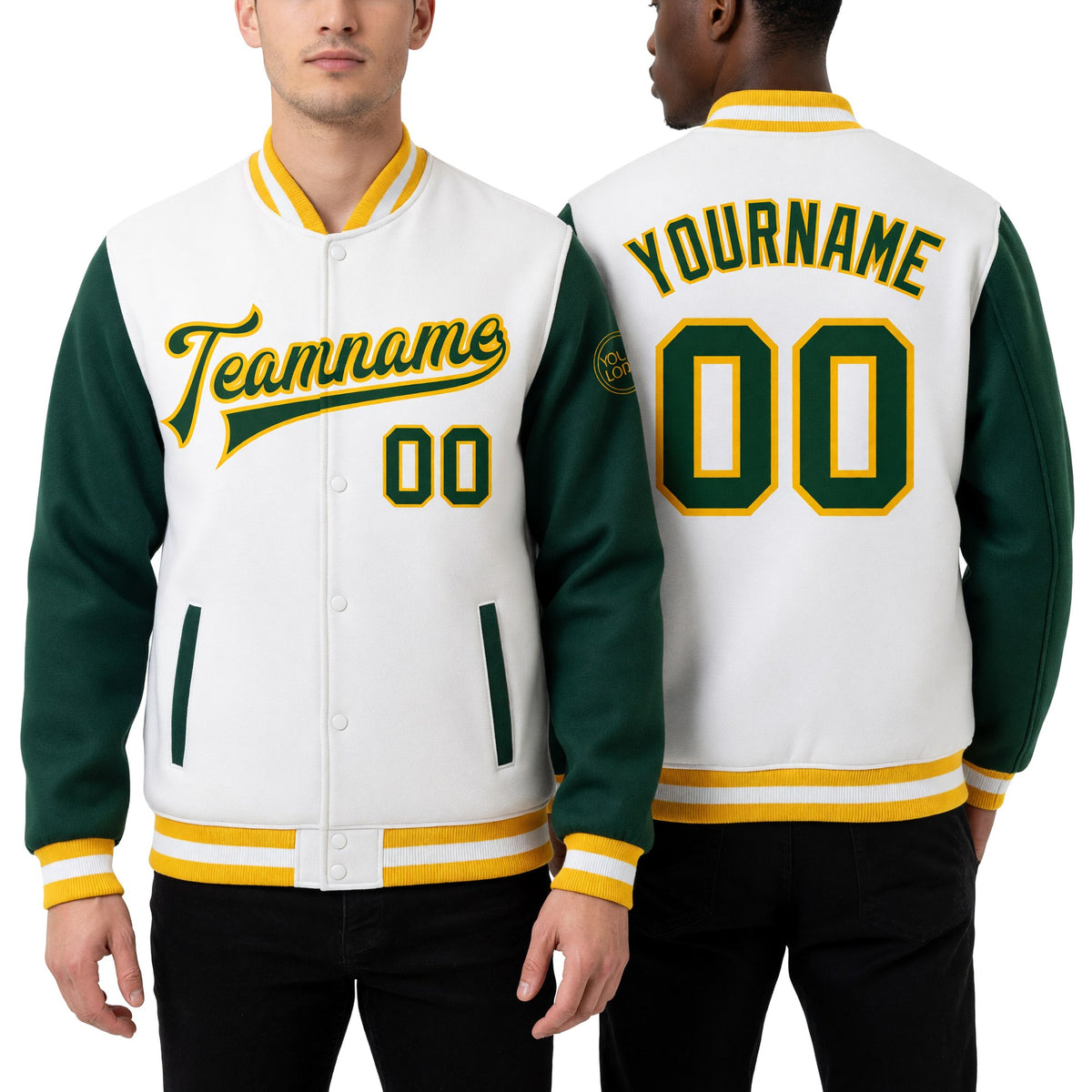 Custom White Green-Gold Bomber Full-Snap Varsity Letterman Two Tone Jacket worn front and back