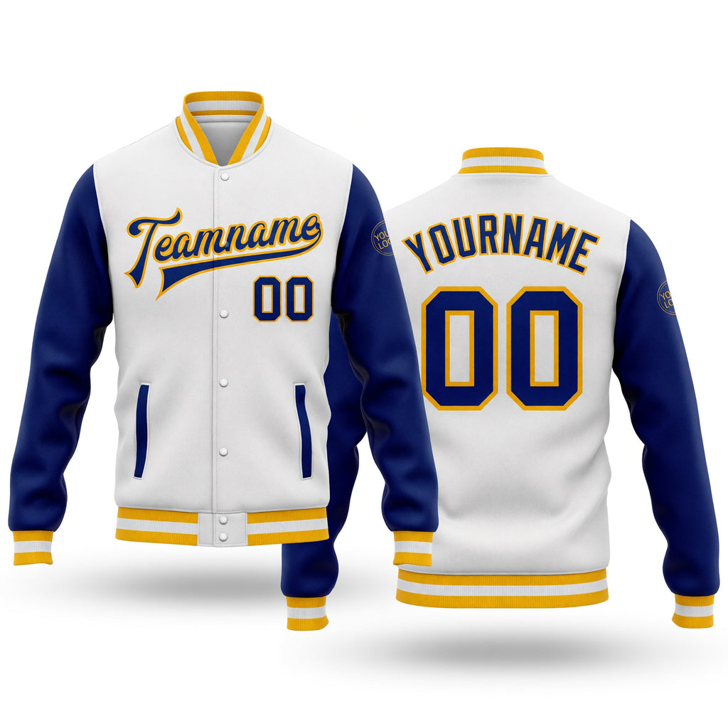 Custom White Royal-Gold Bomber Full-Snap Varsity Letterman Two Tone Jacket