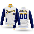 Custom White Royal-Gold Bomber Full-Snap Varsity Letterman Two Tone Jacket