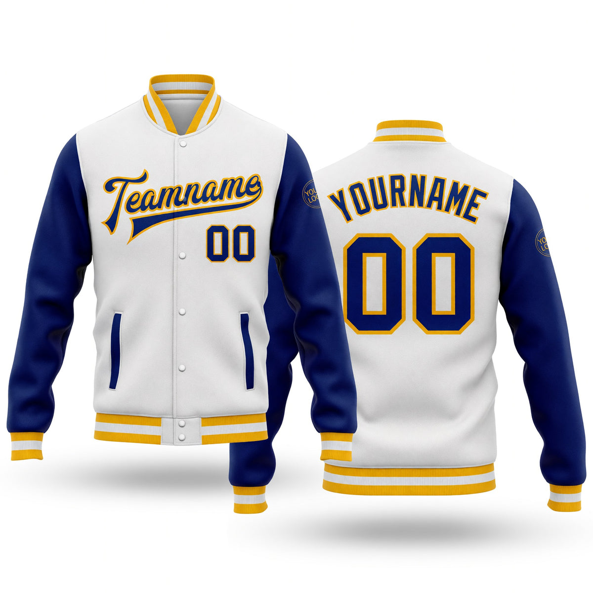 Custom White Royal-Gold Bomber Full-Snap Varsity Letterman Two Tone Jacket