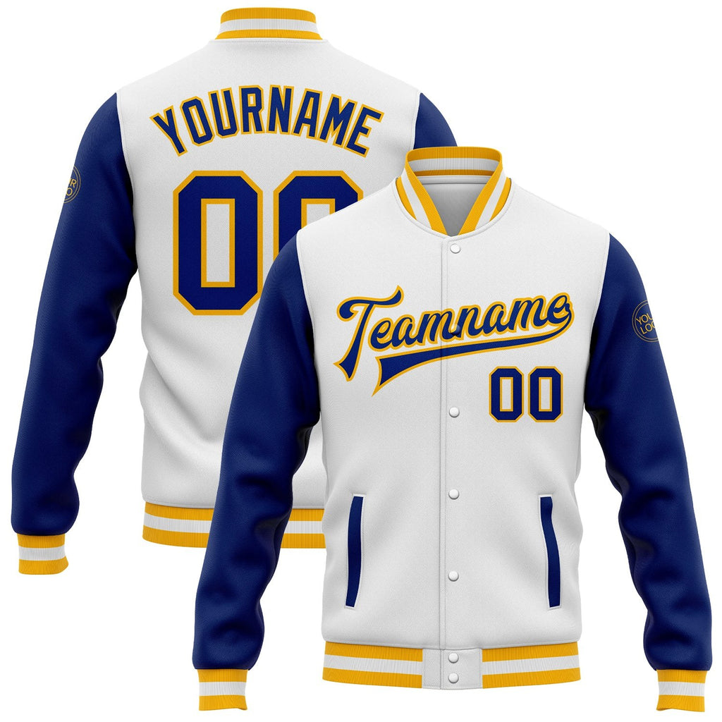 Custom White Royal-Gold Bomber Full-Snap Varsity Letterman Two Tone Jacket photo 1
