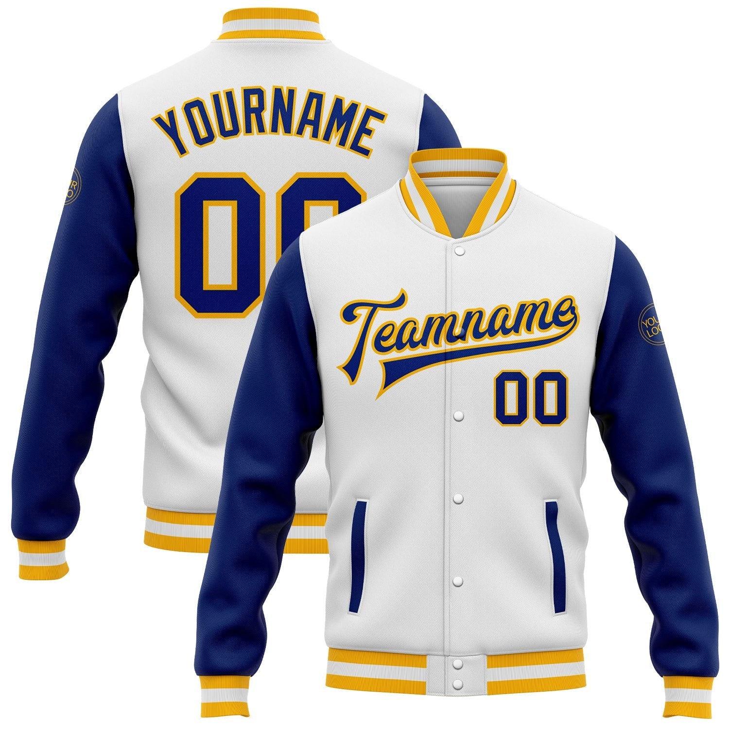 Custom White Royal-Gold Bomber Full-Snap Varsity Letterman Two Tone Jacket photo 1