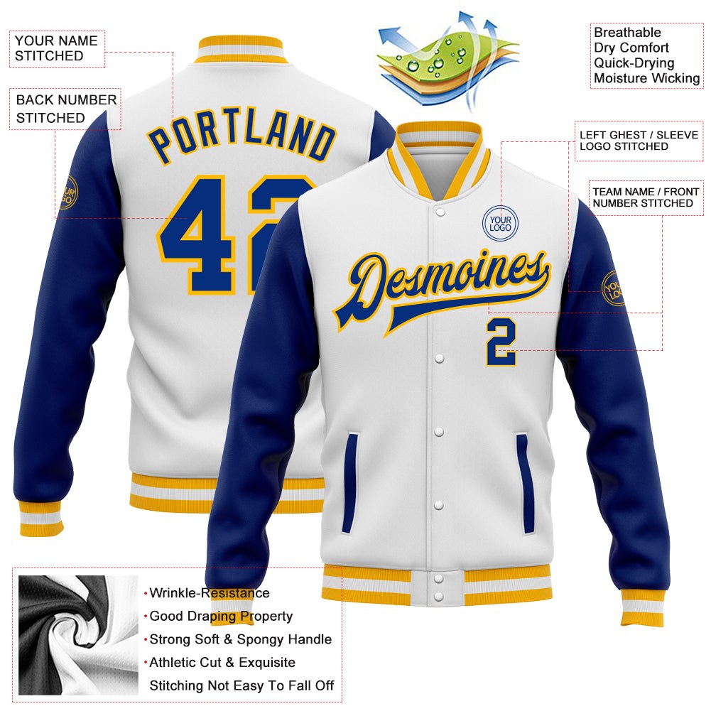 Custom White Royal-Gold Bomber Full-Snap Varsity Letterman Two Tone Jacket photo 5