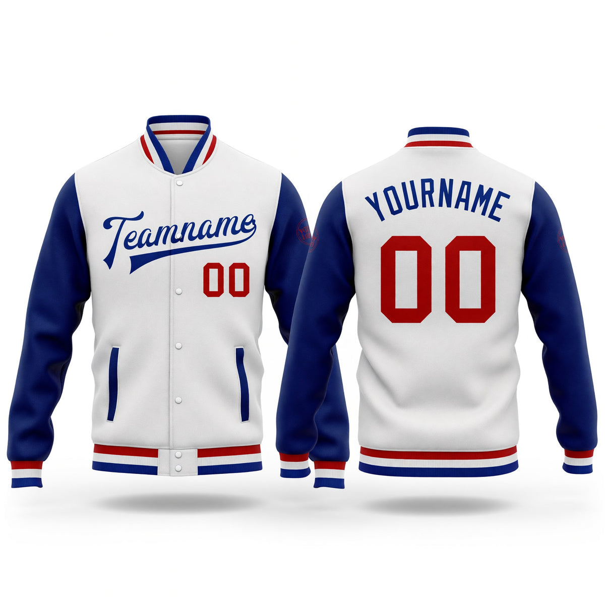 Custom White Red-Royal Bomber Full-Snap Varsity Letterman Two Tone Jacket