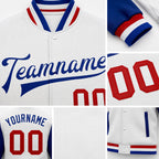 Custom White Red-Royal Bomber Full-Snap Varsity Letterman Two Tone Jacket detail
