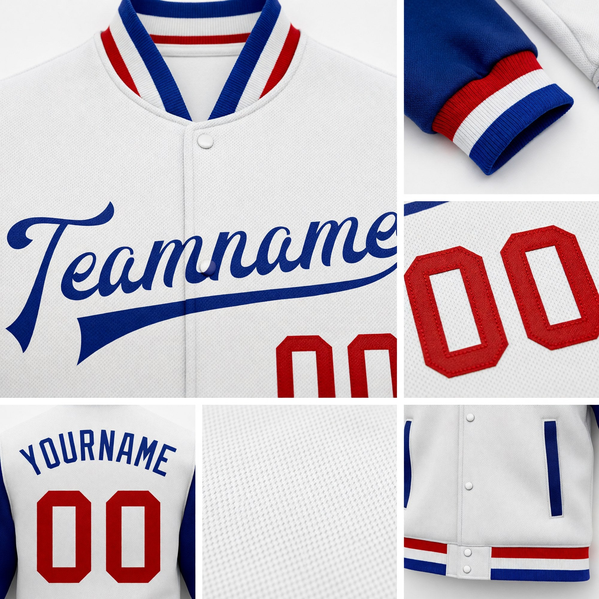 Custom White Red-Royal Bomber Full-Snap Varsity Letterman Two Tone Jacket detail