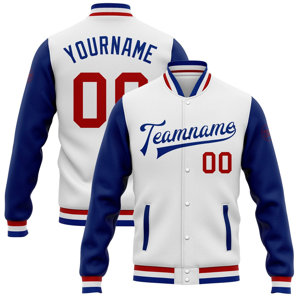 Custom White Red-Royal Bomber Full-Snap Varsity Letterman Two Tone Jacket photo 1