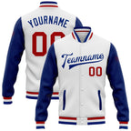 Custom White Red-Royal Bomber Full-Snap Varsity Letterman Two Tone Jacket photo 1