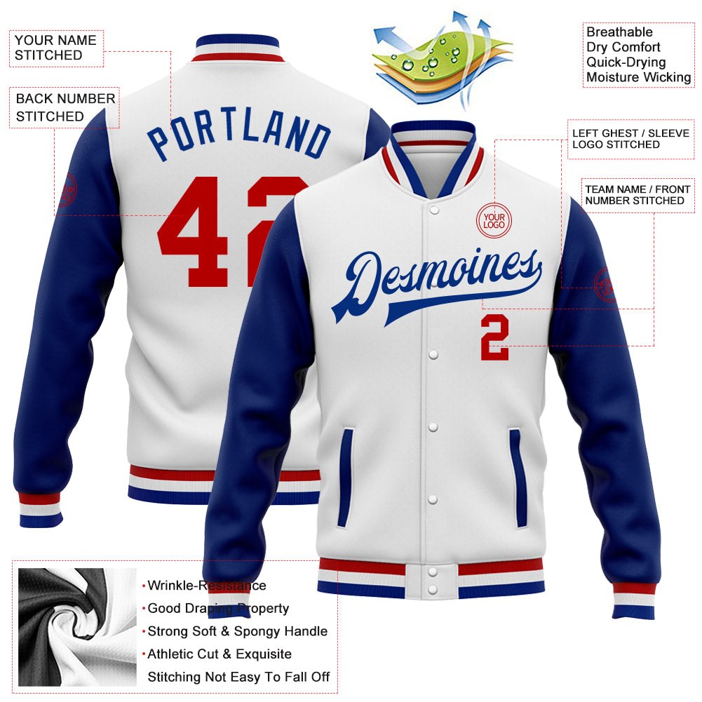 Custom White Red-Royal Bomber Full-Snap Varsity Letterman Two Tone Jacket photo 5