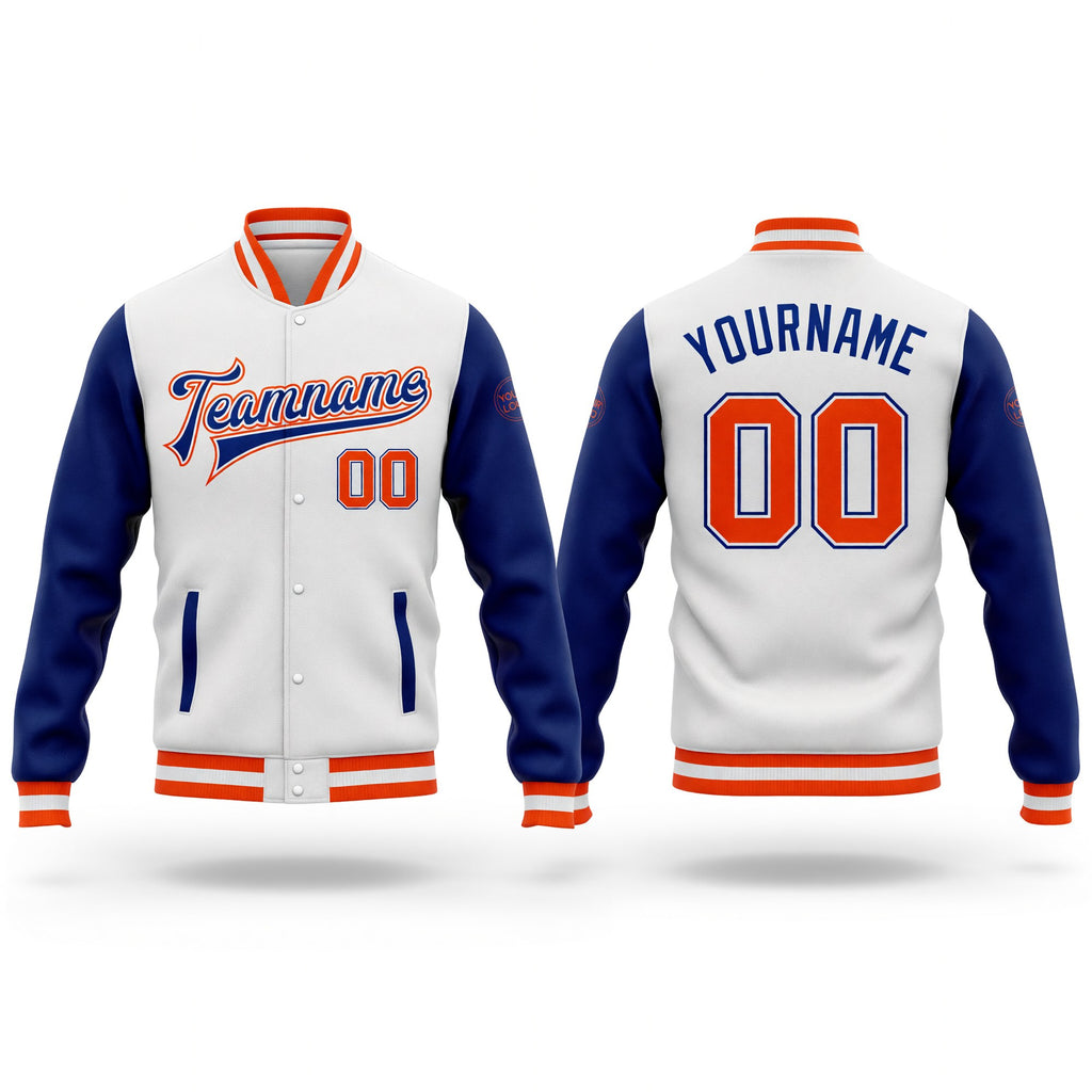 Custom White Orange-Royal Bomber Full-Snap Varsity Letterman Two Tone Jacket