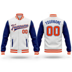 Custom White Orange-Royal Bomber Full-Snap Varsity Letterman Two Tone Jacket
