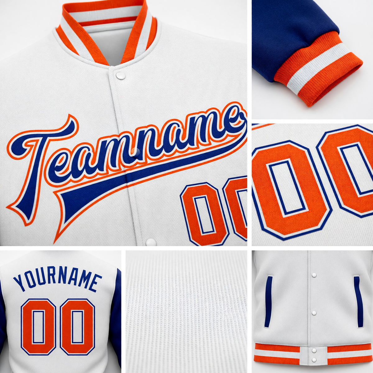 Custom White Orange-Royal Bomber Full-Snap Varsity Letterman Two Tone Jacket detail